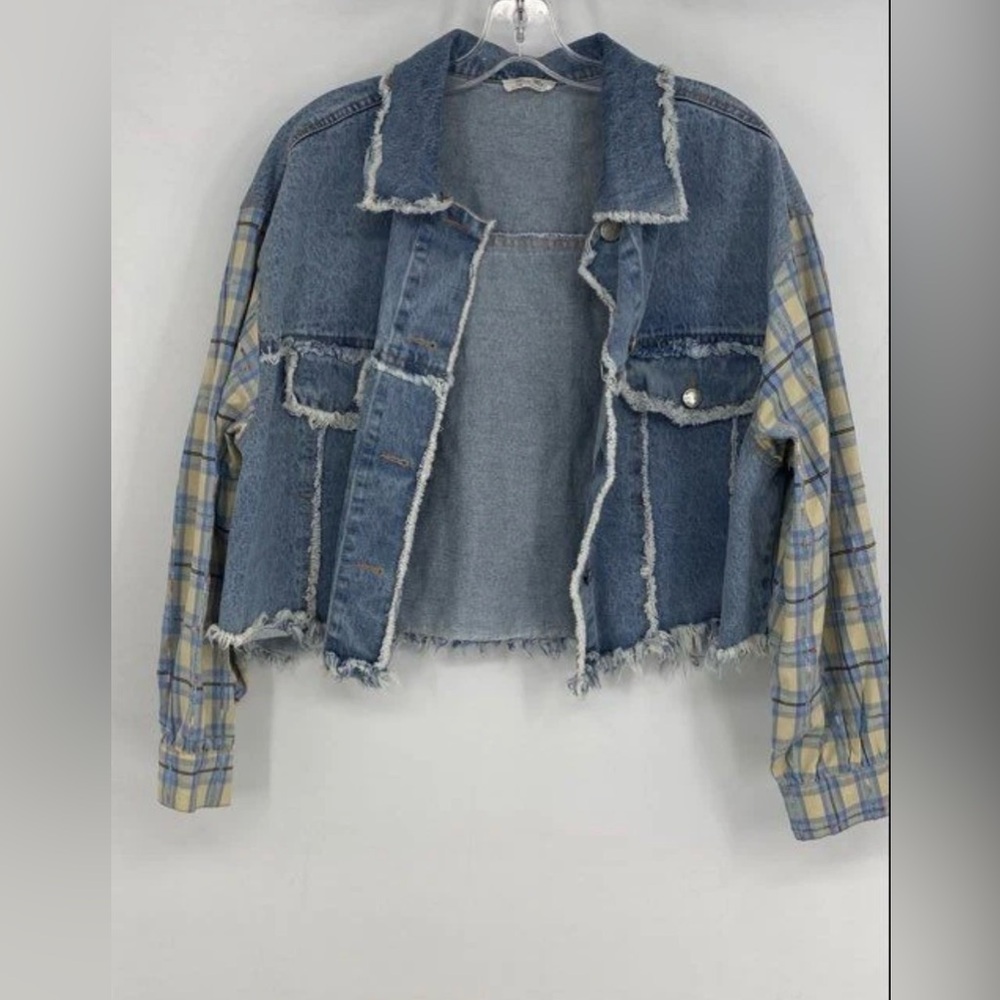 Miss me Light Blue Denim Jacket with Frayed Edge and crochet back